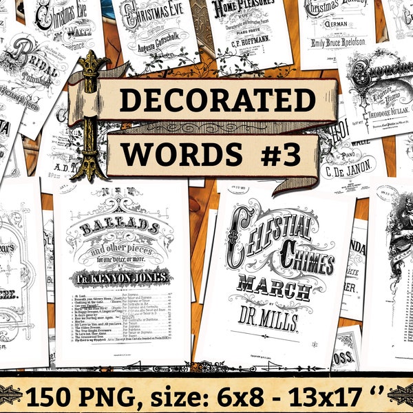 DECORATED WORDS #3 - pack of 150 vintage notated sheet music covers high resolution images pictures PNG with transparent background letter C