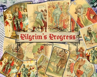 Pilgrim's Progress - set of 33 old illustrations from vintage book pictures images pages 8.5x11 digital papers print sheets medieval scenes