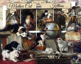 Mother Cat and Kittens - set of 46 junk journal sheets with digital vintage painting collages in JPG instant download printable image animal