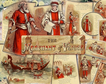 The Merchant of Venice - set of 18 old illustrations from vintage book pictures images pages 8.5x11 digital papers print sheets fairytale
