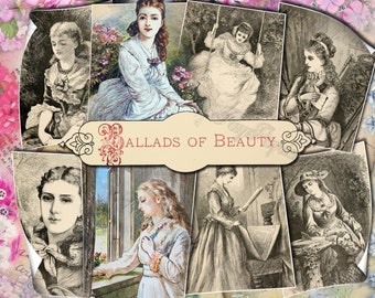 Ballads of Beauty - set of 39 old illustrations from vintage book pictures images pages 8.5x11 digital papers ATC cards sheets for journal