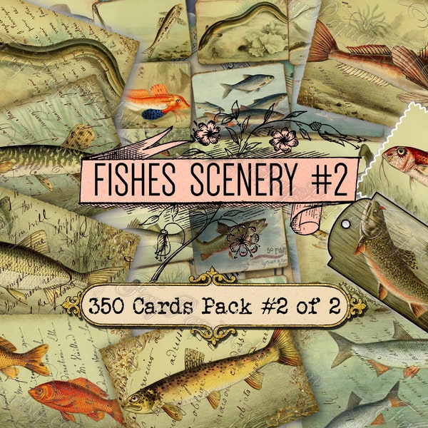 Fishes Scenery #2 - set of 40 pictures on 350 cards in JPG with antique illustrations instant digital download for commercial use