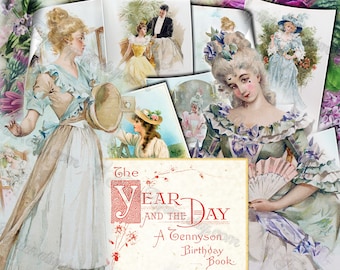 The Year and the Day a Tennyson Birthday Book - set of 8 old illustrations from vintage book pictures images pages 8.5x11 digital papers