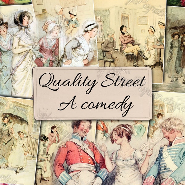 Quality Street a Comedy - set of 22 old illustrations from vintage book pictures images pages 8.5x11 woman man girl children city town scene