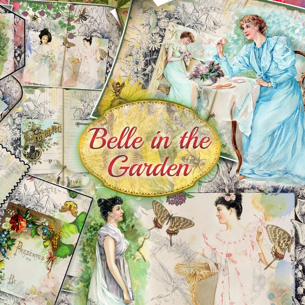 Belle in the Garden - set of 47 sheets with junk journal sheets tags ATC cards bookmarks old pictures images pages 8.5x11 digital papers