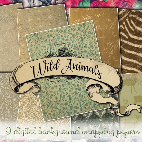 Wild Animals - set of 9 vintage digital textures, printable patterns 8.5x11 inch background album A4 wrapping-paper wrapper ephemera kit