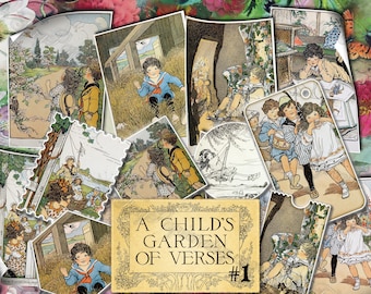 A Child's Garden of Verses #1 - set of 7 old illustrations from vintage book pictures images pages 8.5x11 digital papers print sheets tags