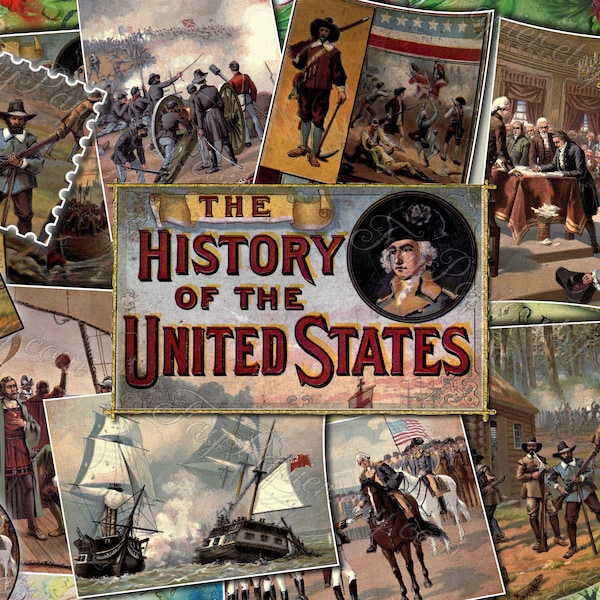 The History of the United States - set of 8 old illustrations from vintage book pictures images pages 8.5x11 digital papers print sheets