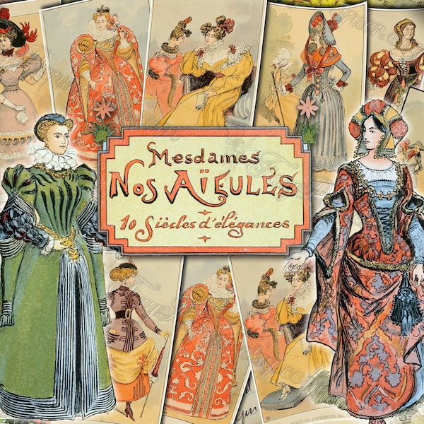 Mesdames Nos Aieules - ensemble de 28 illustrations anciennes de livres vintage photos images pages 8,5 x 11 papiers numériques Robes de mode médiévales