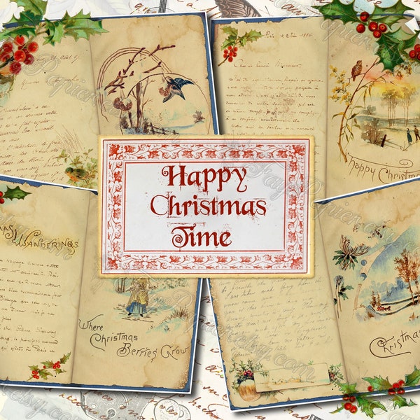 Happy Christmas Time - 8er Set Junk Journal Blätter mit digitalen Collagen Ilex Beeren Zweig Blätter Vogel Meisen Meisen