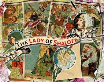 The Lady of Shalott - set of 39 old illustrations from vintage book pictures images pages 8.5x11 digital papers print Medieval Ages King