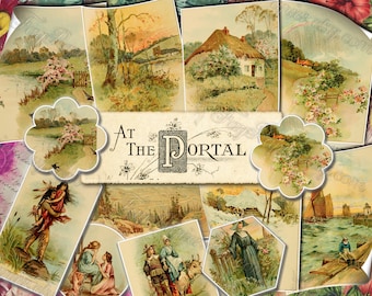 At the Portal - set of 13 old illustrations from vintage book pictures images pages 8.5x11 digital papers print sheets ATC cards for journal