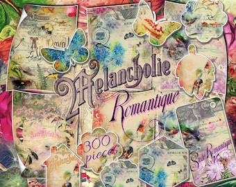 Mélancolie romantique - lot de 58 feuilles de journal indésirables avec des collages numériques de conceptions graphiques de style vintage menu restaurant café minable