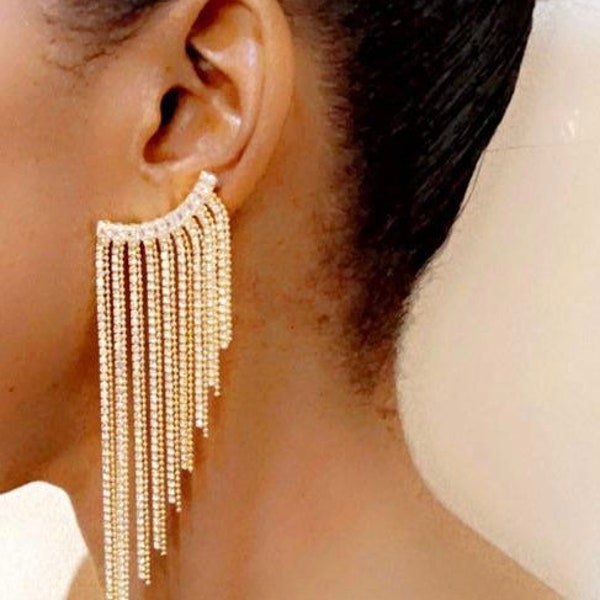 Layered Tassel Fringe Elegant Crystal Rhinestone Gold Fashion Earrings, Luxury New Statement Oversized Big Pageant Prom Earrings.