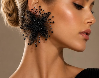 Black Flower Fashion Earrings, Luxury Big Oversized Exaggerated Crystal Dangle Bridal Leaf Large African Earrings