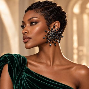 May include: A large, circular statement earring featuring a sunburst design with numerous black, teardrop-shaped beads radiating from a central point on thin, dark metal wires. The earring is worn on the earlobe, showcasing a detailed, dark, faceted bead arrangement.