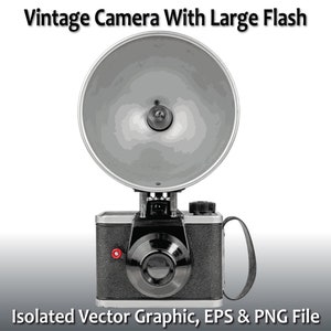 May include: A vintage camera with a large flash attachment. The camera is black with a silver flash and a red button on the side. The flash is pointed directly at the viewer.