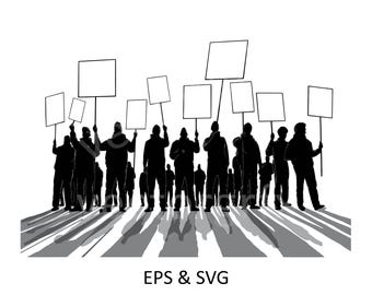 Protest March Silhouette, People Holding Signs Vector (Digital Download)