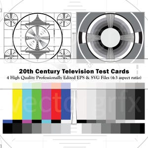 Könnte beinhalten: Eine digitale Grafik mit zwei Fernseh-Testbildern aus dem 20. Jahrhundert, einer Reihe vertikaler Farbbalken und einer Graustufenskala. Der Text lautet 20th Century Television Test Cards 4 High Quality Professionally Edited EPS & SVG Files (4:3 aspect ratio).