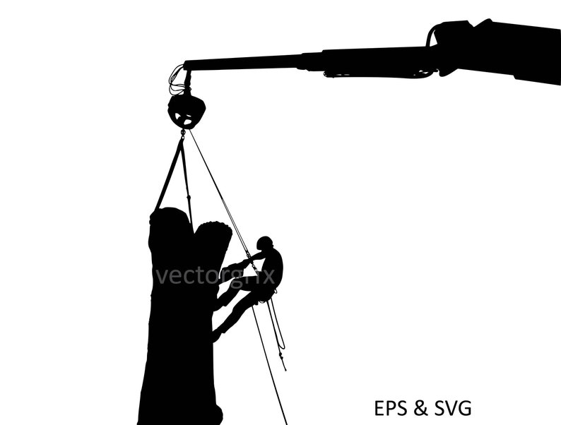 Tree removal specialist hanging from crane hoist taking down a tree piece by piece. Circuit Cutter, Digital Download, Vector Graphics, Decal, stickers, clipart, eps, business graphics, drawing, illustrative, decal, logo, parks and recreation