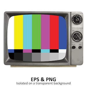 May include: A vintage television set with a black and white test pattern on the screen. The television is grey with black knobs and a silver trim.