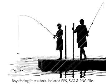Boys Fishing on Dock Vector Art, Summer Sunset (Digital Download)