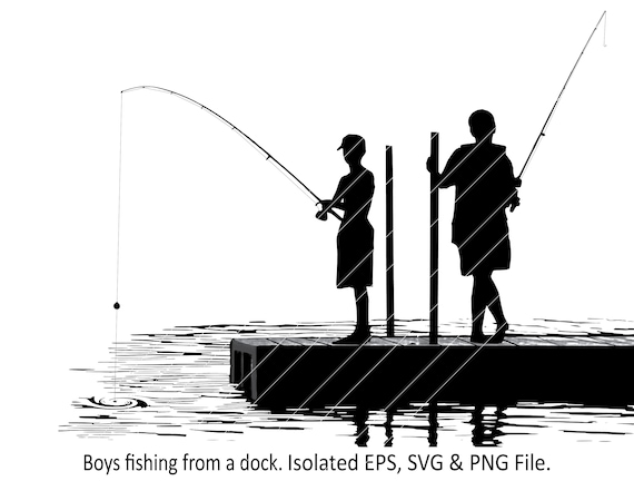 I think I caught something. 2 Boys fishing from a dock on a lake at sunset.  Summertime, Fishing Rod, Fishermen, Boy Fishing, Hobby, Vacation