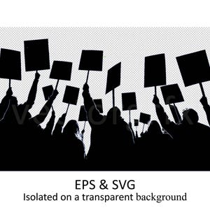 Może przedstawiać: Czarno-biała sylwetka tłumu trzymającego kwadratowe transparenty na kijach. Obraz zawiera tekst "EPS & SVG" i "Wyizolowany na przezroczystym tle" na dole.