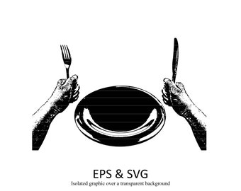 Hungry Person Vector Graphic, Empty Plate, Knife and Fork (Digital Download)