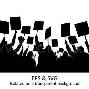 Puede incluir: Silueta de un grupo de personas sosteniendo carteles en blanco en una protesta. Las personas están de frente y sostienen los carteles en alto.