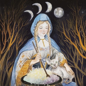 Puede incluir: Portada ilustrada del libro "Cat Mythos & Magick Oracle". La ilustración muestra a una persona con una capa azul removiendo un caldero con un gato. El fondo es oscuro con lunas y ramas de árboles. Se mencionan el autor y el ilustrador.