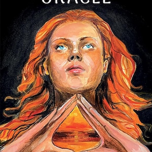 May include: The cover of the "Pathwork Oracle" features a watercolor illustration of a woman with red hair and blue eyes looking upwards. Her hands form a triangle, framing a sunset scene. The title and author's name are displayed at the top and bottom.