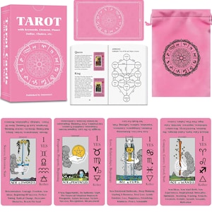 Pink Learning Tarot Deck with Keywords and Meanings ~ Complete Set with 78 Cards, Color Guidebook & Pink Velvet Bag ~ Brand-New and Sealed