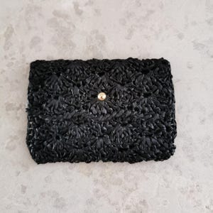 Cartera de Rafia Tejida a Ganchillo CÁSCARA • Monedero Monedero Bolsillo Tarjetero • Rafia Paja Hilado Natural • Hecho a Mano • Negro