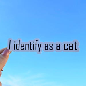 以下が含まれることがあります： 青い空を背景に、黒い文字で「私は猫だと認識しています」と書かれた白いステッカーが掲げられています。