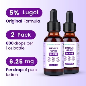 May include: Two brown glass bottles of 5% Lugol's Iodine, a dietary supplement, with a purple label that says "wellness botanica" and "Lugol's Iodine 5% USP". Each bottle contains 1 fl oz (30 ml) and is labeled alcohol free, gluten free, and additive free.