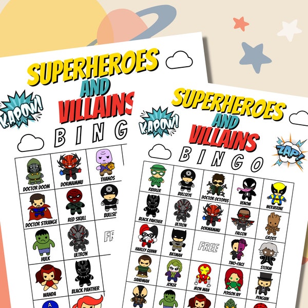 Superheroes and Villains Bingo | Superheroes, Villains, Bingo, Comic Heroes and Villains | 64 Total, 32 Different Cards | Printable Bingo