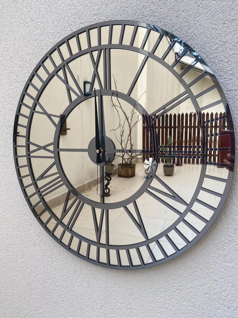 Black Large Wall Clock TOTALLY REAL MIRROR Black Wooden Etsy