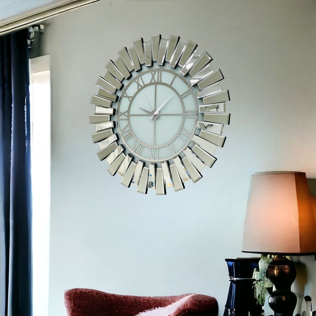 Minimalist Large Wall Clock Silver Mirror Wall Clock Wall Etsy