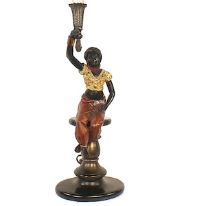 Venetian 18th Century Hand Painted Bronze Figural Blackamoor Woman Table Lamp, Antique Lighting, Grand Millennial Home Decor, Italian Statue