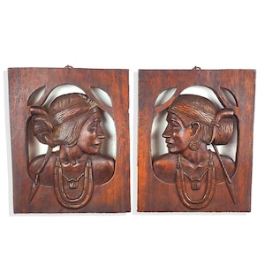 Philippines Vintage Pair / Set of 2 Igorot Wall Plaque Carvings, Filipino Art, Wooden Panels, Oceanic Tribal Decor, Mid-Century Home Decor