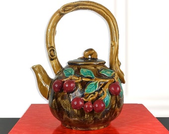 Japanese Vintage Majolica 32 Ounce Teapot With Applied Flowers, Earthenware Ceramics, Chinoiserie Chic Kitchen, Grand Millennial Home Decor