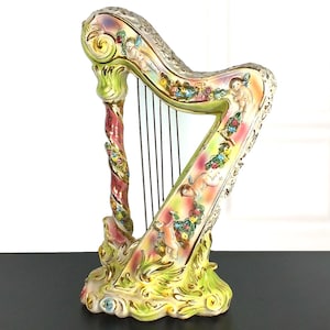 Italian Capodimonte Large Ceramic Harp Sculpture, European Home Decor, Ormolu Statue, Hollywood Regency, Cherubs, Kitsch, Gift For Musicians