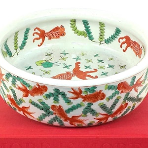 Antique 10" Famille Verte Koi Fishbowl Planter, Qing Dynasty Chinoiserie Decor