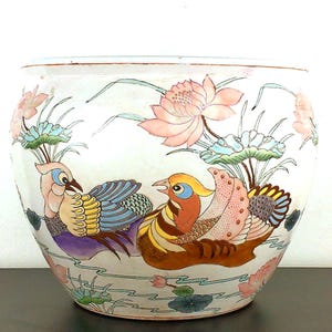 Chinese Famille Rose Ceramic Fishbowl Planter, Duck & Lotus, 13"