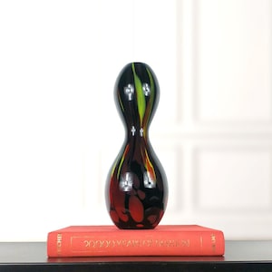 Italian Vintage Hourglass Shaped Murano Glass Vase, Mid-Century Modern Home Decor, Retro Hand Blown Flower Vase, Black Red & Yellow Artglass