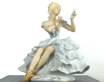 Vintage Schaubach Kunst Ballerina Figurine, German Bisque Porcelain, 1950s Gilt Decor