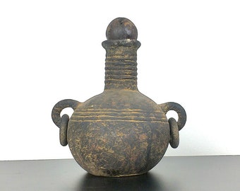 Mexican Pre-Colombian Chimu Ware Pot, Unusual Home Decor, Table Vase, Folk Art, Bohemian Style, Latin Pottery, Primitive Clay Bottle, Black