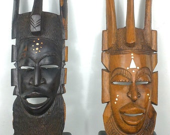 African Masks Vintage Senegalese Masks Senegal Mask Hand Carved Wooden Bone Inlay Rustic Primitive Ebony Wood Teak Wood African Home Decor
