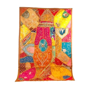 Indian Antique Recycled Saree Embroidered Wall Tapestry, Beaded Wall Decor, Bohemian Bed Covering, Indian Textiles, Maximalist Home Decor